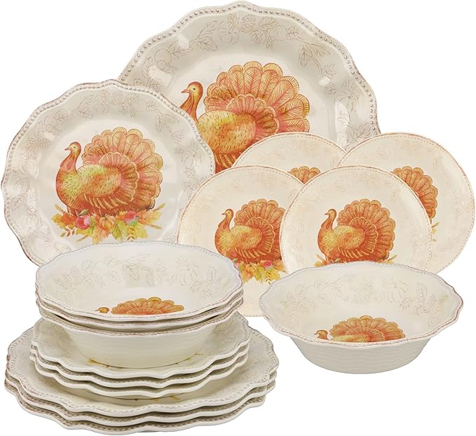 UPware 16 Piece Glitter Turkey Melamine Dinnerware Sets Outdoor Dishes Set Plates and Bowls Sets Autumn Thanksgiving Decorations Service for 4 Orange