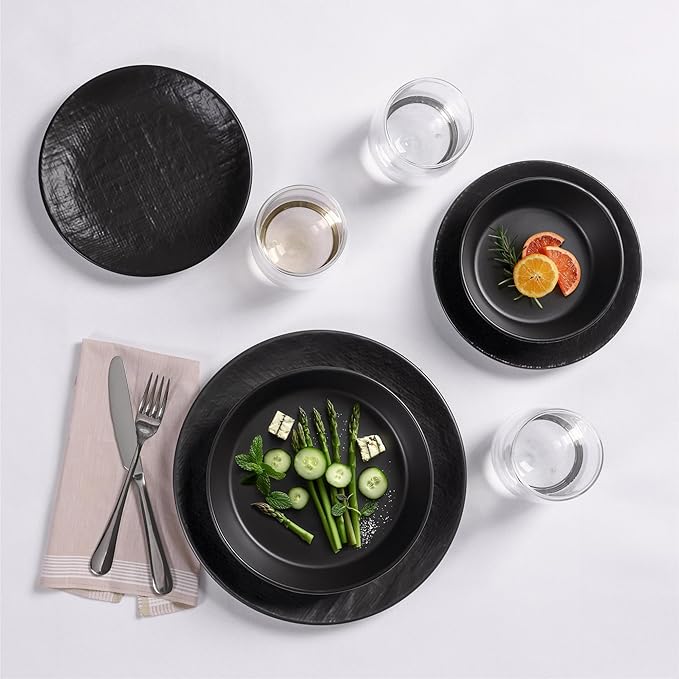 Navaris Linen Artisan Stoneware Dinnerware Set (16 Pieces) - Dishwasher and Microwave Safe Plates Bowls Mugs in Charcoal Black