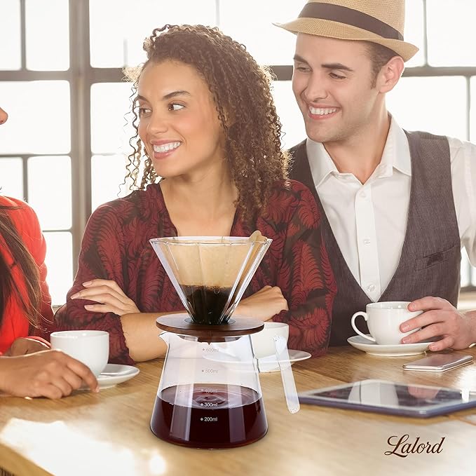 Pour Over Coffee Maker 20 oz Borosilicate Glass Set with 100 pcs Paper Filter Walnut Collar &amp Glass Lid Drip Coffee Maker 1-3 Cups Clear 600 ml Petal Shape