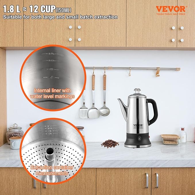 VEVOR 12-Cup Electric Percolator Coffee Pot 304 Stainless Steel Body Coffee Percolator with Keep Warm Function &amp Heat-Resistant Handle Classic Coffee Maker Quick Brew &amp Easy-Pour Spout Sil