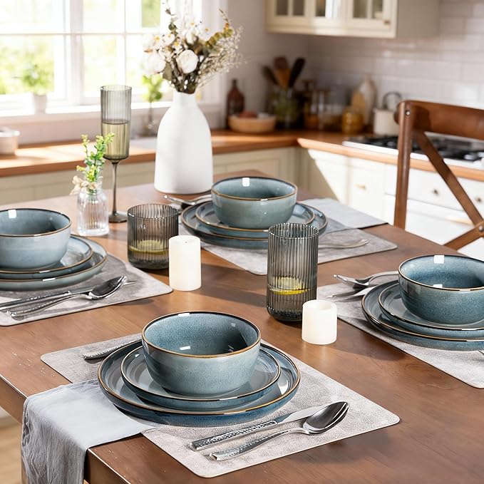 GBHOME Ceramic Dinnerware Sets for 4 12 Pieces Stoneware Plates and Bowls Sets Reactive Glaze Dishes -Scratch Resistant Dishwasher&ampMicrowave Safe Space Blue