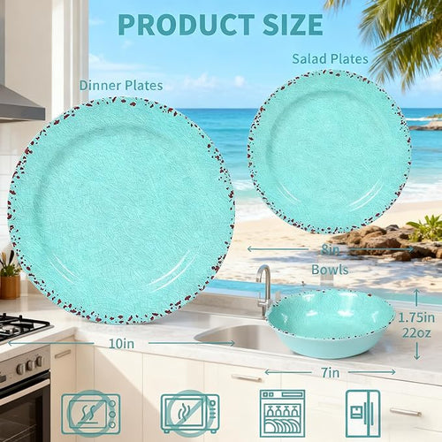 12 Pcs Melamine Dinnerware Sets Kitchen Plates and Bowls Set Camping Picninc Serving Dishes for Indoor Outdoor Dinner Plates Dishwasher Safe BPA Free Unbreakable Round Plates Turquoise