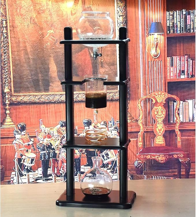 Cold Brew Drip Coffee Tower Ice Coffee Maker - Makes 6-8 Cups 1000ml with Slow Drip Technology Glass Container and Wood Stand for Commercial Office