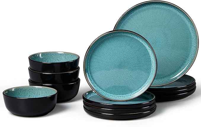 LIANYU Ceramic Dinnerware Sets for 4 12 Piece Porcelain Stoneware Plates and Bowls Scratch Resistant Round Kitchen Dishes Set Dishwasher and Microwave Safe Dinning Ware Set Pastel Turquoise