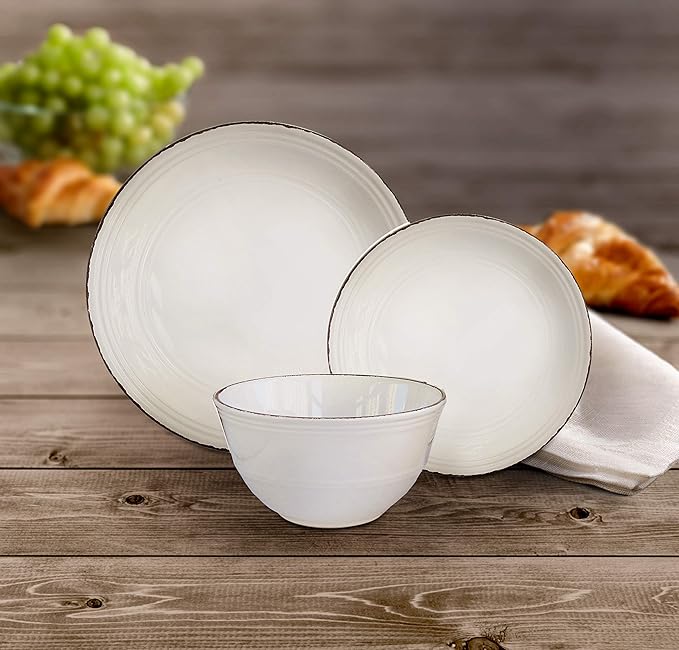 American Atelier Madelyn Casual Round Dinnerware Set – 12-Piece Stoneware Party Collection w/ 4 Dinner Salad Plates &amp 4 Bowls – Unique Gift Idea White