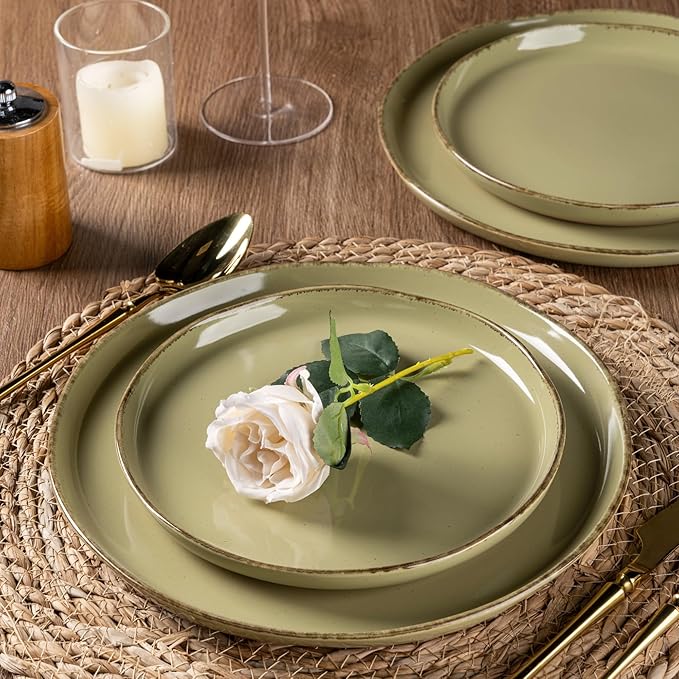 AmorArc Ceramic Dinnerware Sets for 4 12 Pieces Handpainted Plates and Bowls Set with Rustic Terracotta Underside Scratch Resistant Stoneware Dishes Set Dishwasher &amp Microwave Safe Olive Green