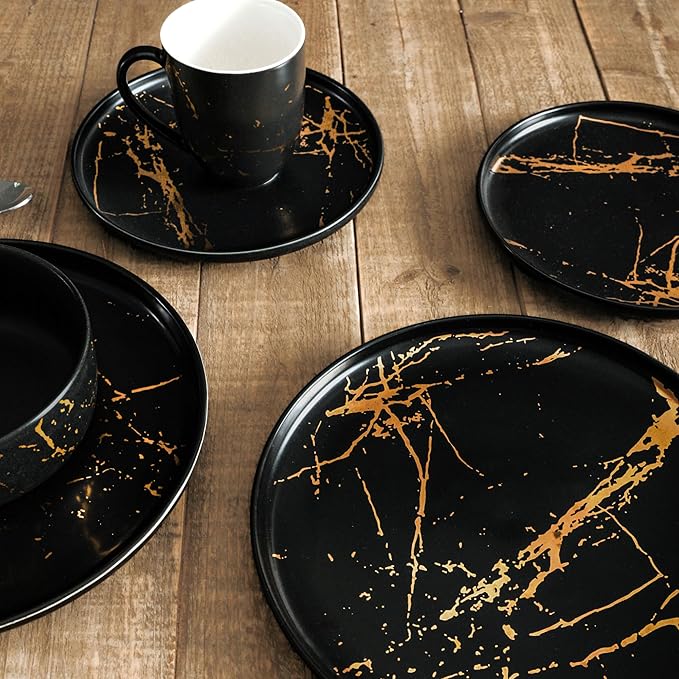 Stone Lain Porcelain 16 Piece Dinnerware set 4 Full Black Gold Splash Sets