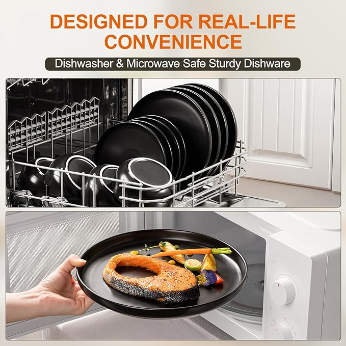 EWFEN Plates and Bowls Sets 12 Pieces Ceramic Dinnerware Set for 4 Stoneware Dishware Dishes Set Scratch Resistant Dishes Set Dishwasher &amp Microwave Safe Black