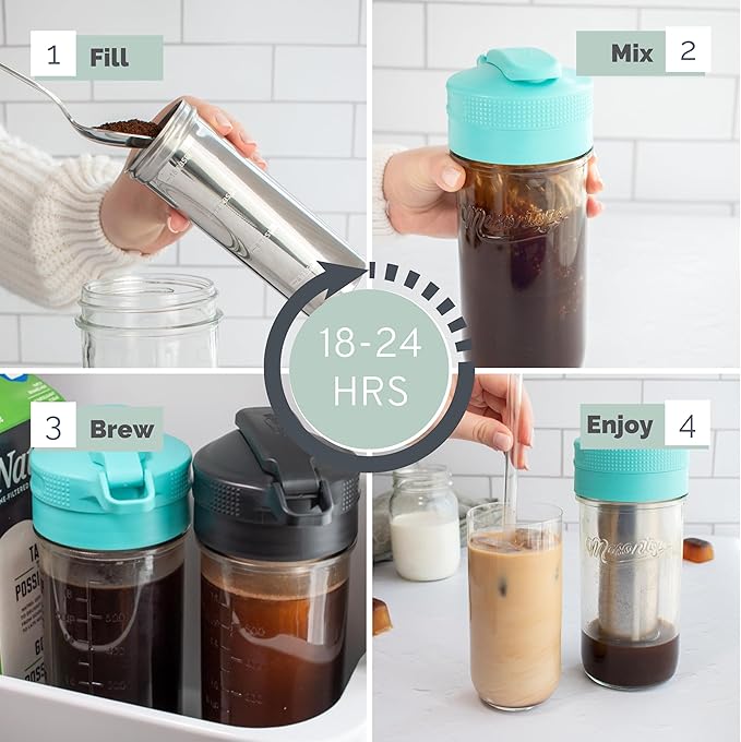 Masontops Cold Brew Makers Kit - Deluxe Iced Coffee Maker with Glass Pitcher &amp Stainless Steel Mesh Filter - Easy Pour Fridge Cold Brewer System