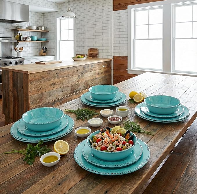 12 Pcs Melamine Dinnerware Sets Kitchen Plates and Bowls Set Camping Picninc Serving Dishes for Indoor Outdoor Dinner Plates Dishwasher Safe BPA Free Unbreakable Round Plates Turquoise