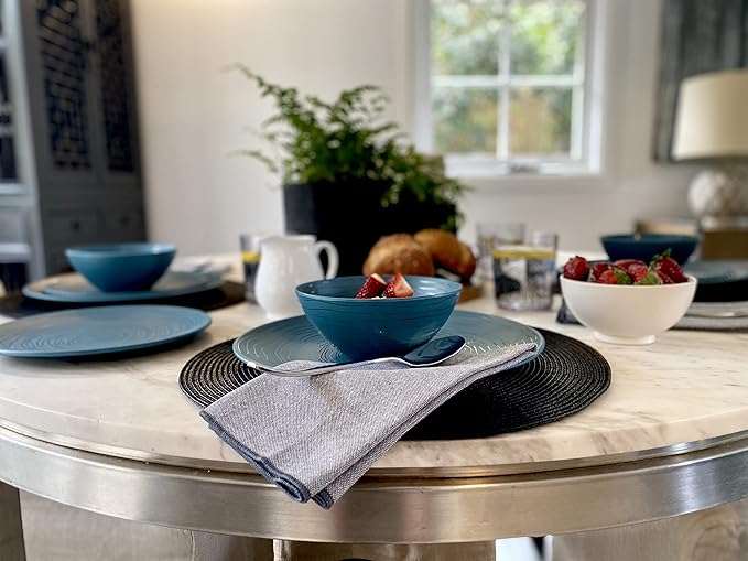 Bzyoo 12 Piece Melamine Dinnerware Set - Durable Dishwasher Safe Plates and Bowls - Casual Dining Parties Blue Dish Set Organica Blue Collection