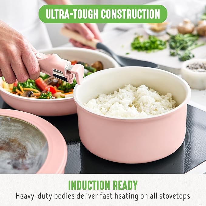 GreenLife 10 Piece Nonstick Pots &amp Pans Set Detachable Handle &amp Stackable Cookware Set Non Toxic PFAS-Free Skillets Induction Kitchen Pans Space Saving Serving Bowls Oven Safe Light Pin