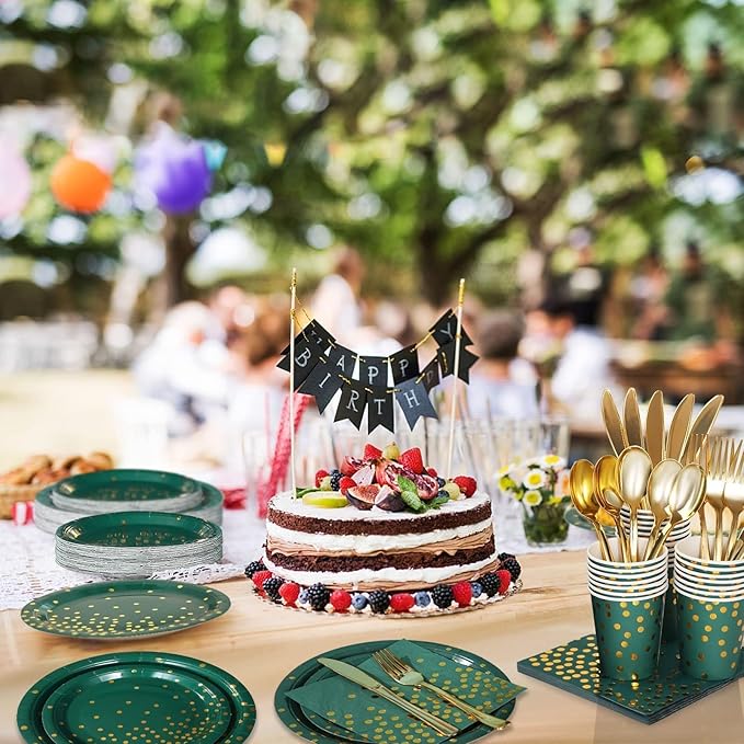 175Pcs Green Plates and Napkins Party Supplies Green and Gold Party Decorations for Birthday Graduation Party Decorations Serve 25