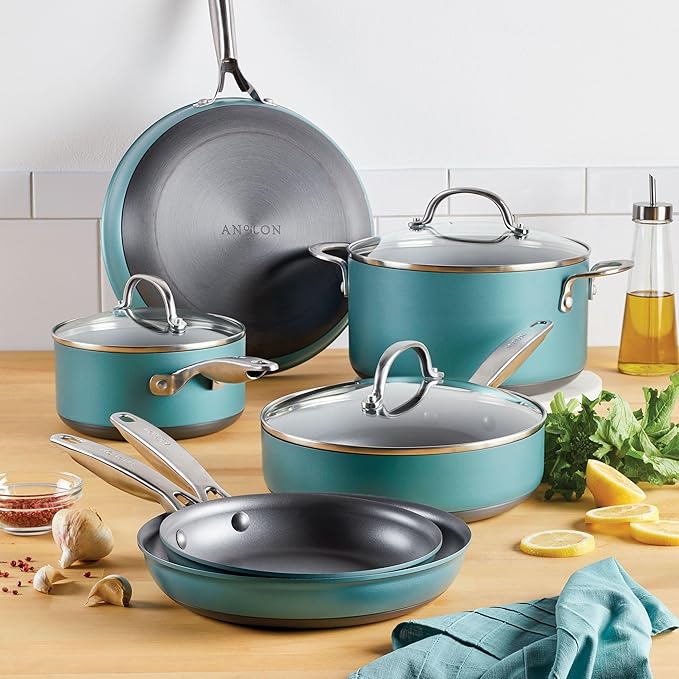 Anolon Achieve Hard Anodized Nonstick Cookware Pots and Pans Set 9 Piece - Teal