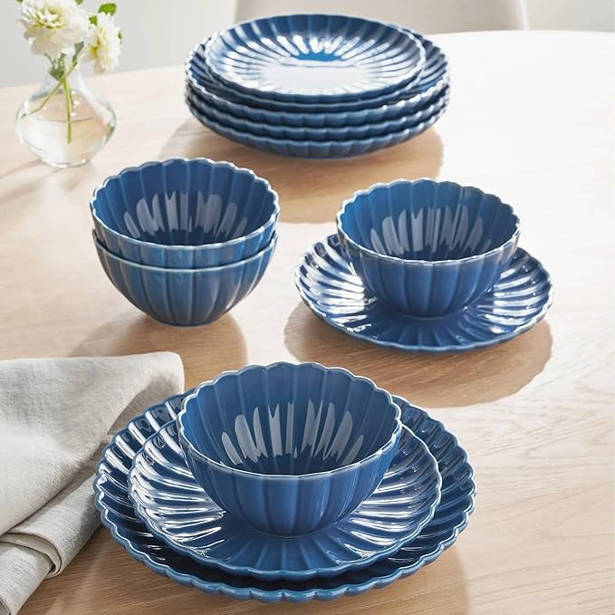 12-Piece Stoneware Dinnerware Set Scalloped Design Blue