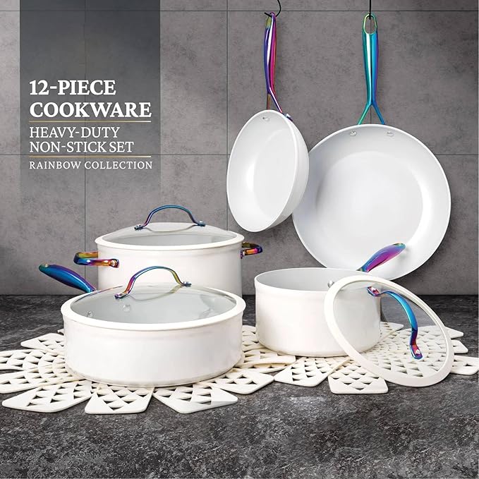 12-Piece Non-Stick Aluminum Cookware Set with Induction Base Oven Safe Black Finish (Cream &amp Rainbow)