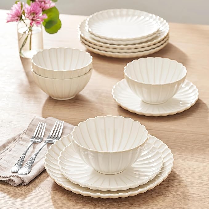 Stoneware Dinnerware Set 12-Piece Wavy Retro Design with Farmhouse Charm Microwave &amp Dishwasher Safe Ideal for Daily Meals &amp Friend Gatherings Includes Dinner &amp Salad Plates Bowls