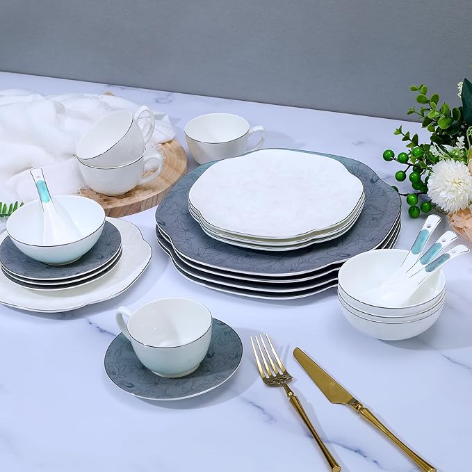 24-Piece Ceramic Porcelain Dinnerware Set for 4Bone China - Green Handmade flowers Plates &amp Bowls | Heavy Duty Chip &amp Scratch Resistant | Gourmet Oven &amp Dishwasher Safe