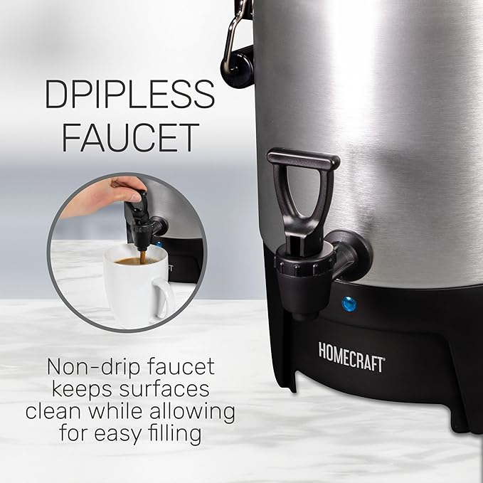 Homecraft 45-Cup Coffee &amp Hot Beverage Urn - Quick Brewing Drip-Free Spout Water Level Markings Reusable Filter &amp Carry Handles - Aluminum