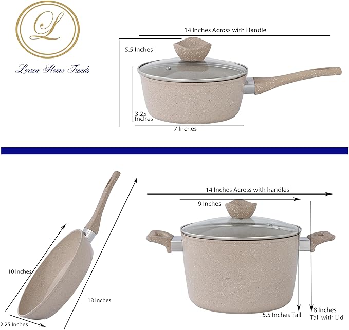 Lorren Home Trends Cookware Set Beige Granite Non-Stick Coating 10-Inch Fry Pan 5-Quart Stock Pot with Glass Lid 1.6-Quart Sauce Pot with Glass Lid 5-Piece