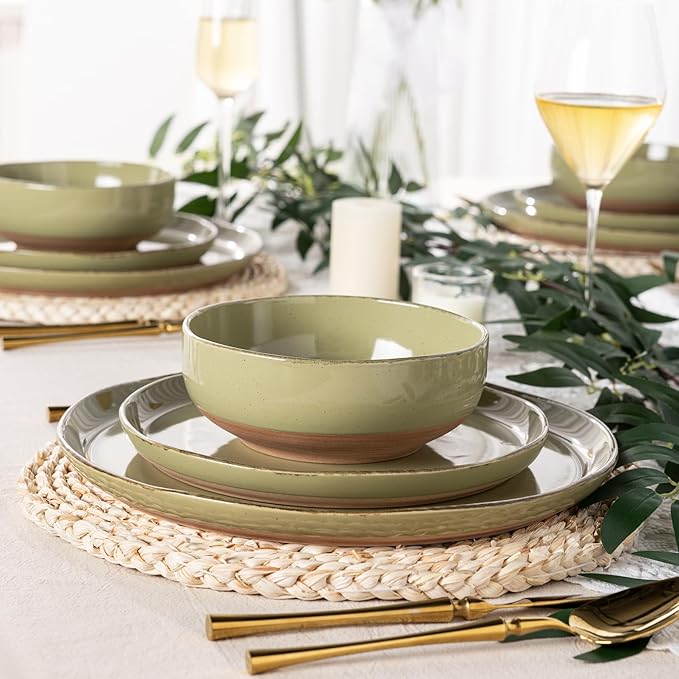 AmorArc Ceramic Dinnerware Sets for 4 12 Pieces Handpainted Plates and Bowls Set with Rustic Terracotta Underside Scratch Resistant Stoneware Dishes Set Dishwasher &amp Microwave Safe Olive Green