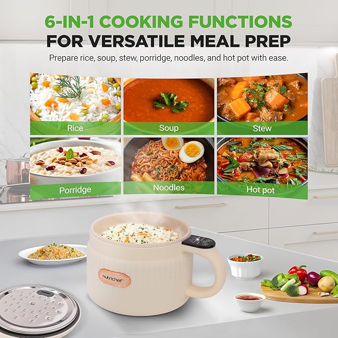 NutriChef 1.6 QT Portable Electric Rice Cooker &amp Lunch Maker | Multi-Functional &amp Non-Stick Ceramic Coating | Digital Control Panel | 6 Cook Functions: Rice Soup Stew Porridge &amp More |