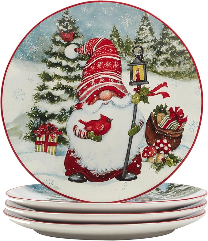 Christmas Gnomes 16 Piece Dinnerware Set Service for 4 Blue Multi Color Red Holiday Casual Round Ceramic Dishwasher Safe Microwave