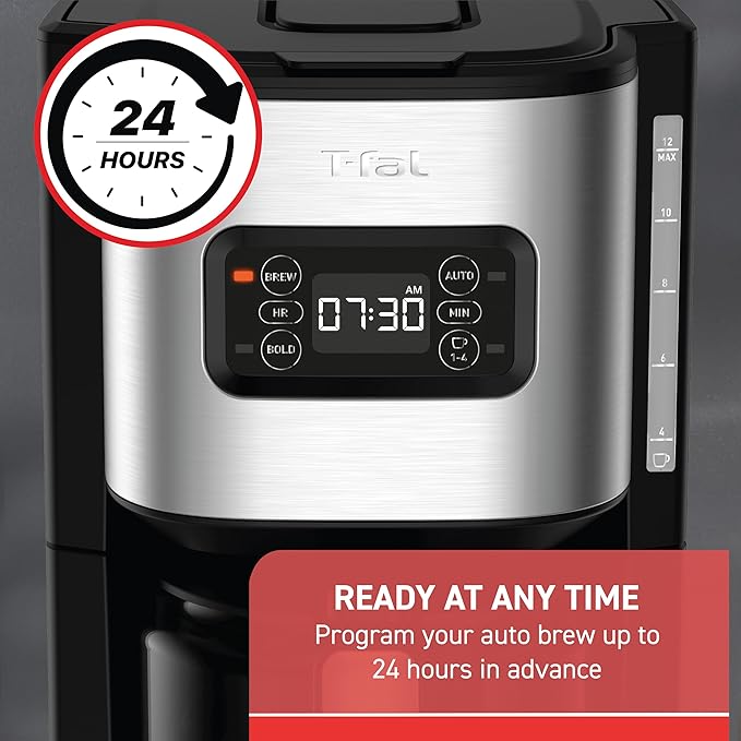 T-fal Element Plastic and Stainless Steel Drip Coffee Machine 12 Cup Programmable Reusable filter Pause and Brew Glass Carafe 1000 watts Coffer Maker Filter machine Cold Brew Black