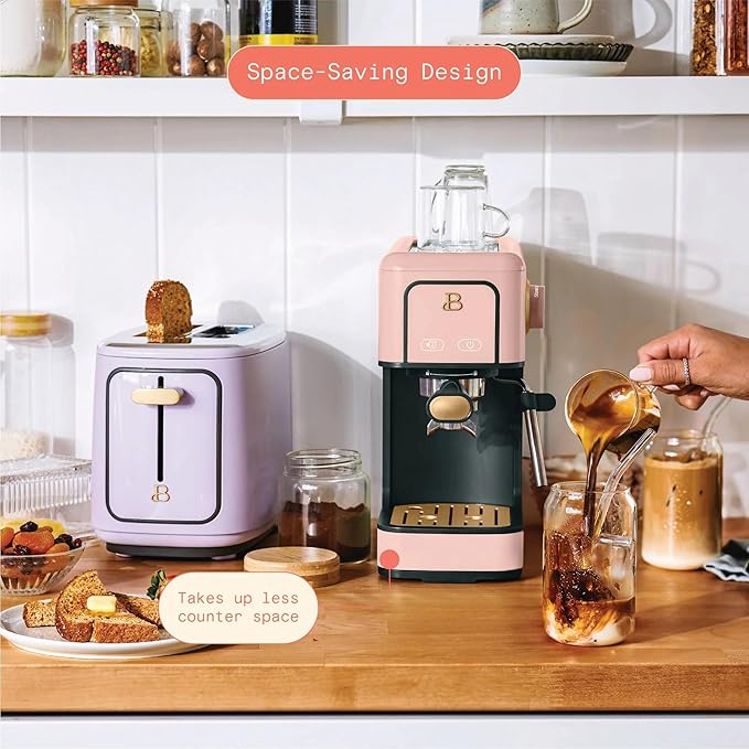 B Slim Espresso Maker by Drew Barrymoree with 20-Bar Pressure Touch-Activated Display and Steam Wand for Latte &amp Cappuccino (Rose)