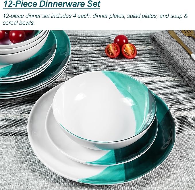 Melamine Plates and Bowls Set - 12pcs Dinnerware Dishes Set for 4 Dinner Plates for Indoor and Outdoor Use Lightweight Break-resistant Green &amp White