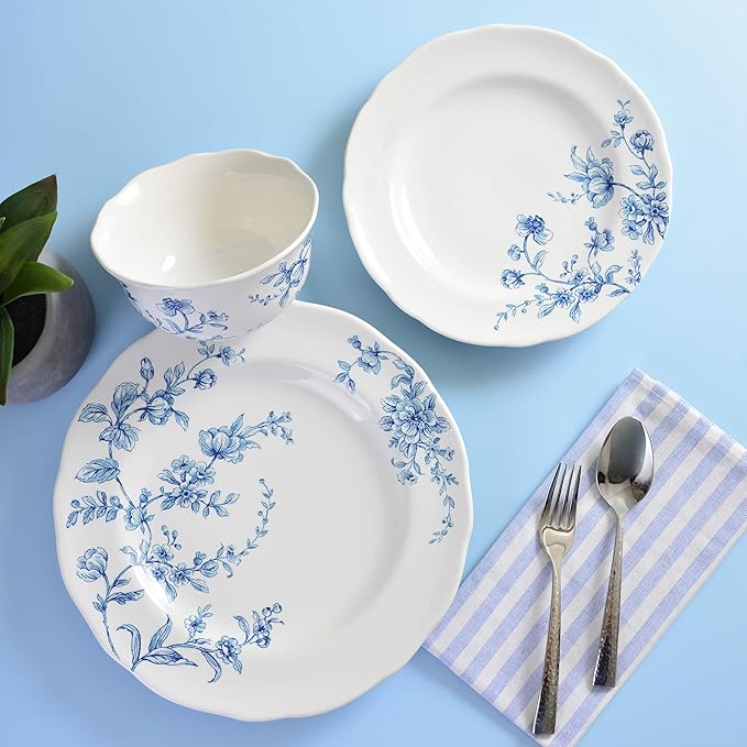 222 Fifth 12-Piece Porcelain Dinnerware Set for 4 White &amp Blue Plates and Bowls Set Glossy Ceramic Dish Set with Beautiful Floral Design Elegant Kitchen Dishes Microwave &amp Dishwasher Safe