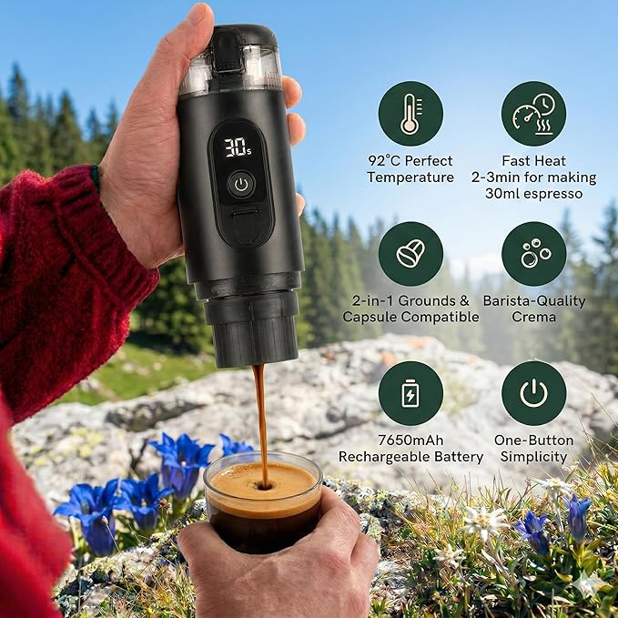 Portable Espresso MakerElectric Travel Coffee Machine with Self-Heating and 20 Bar Pressure USB-C Rechargeable Smart Display 2-in-1 Capsule and Ground Compatible for Camping RV Car and Office