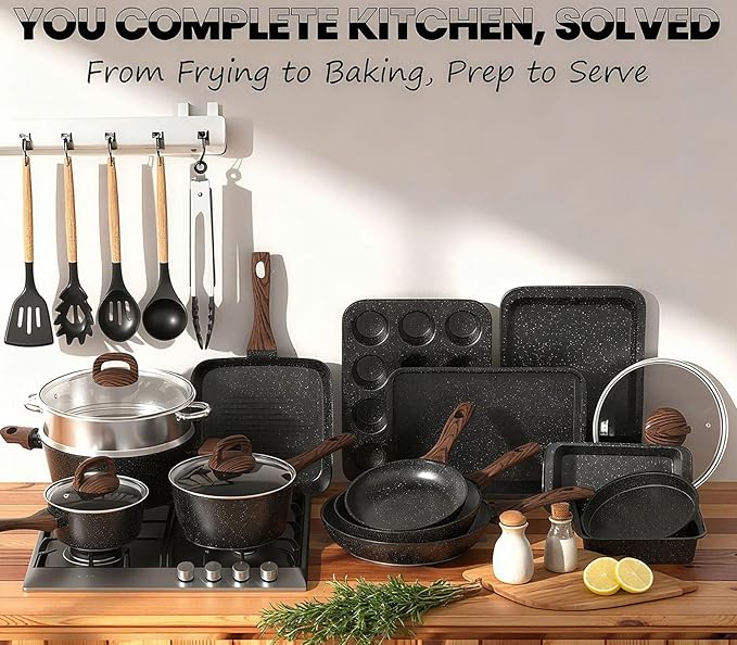 Pots and Pans Set Non Stick 31 Piece Kitchen Induction Cookware &amp Bakeware Set Nonstick Kitchen Cooking Pans Set with Frying Pans Set Grill Pan Saucepan Baking Sheet &amp Utensils PFOA Free
