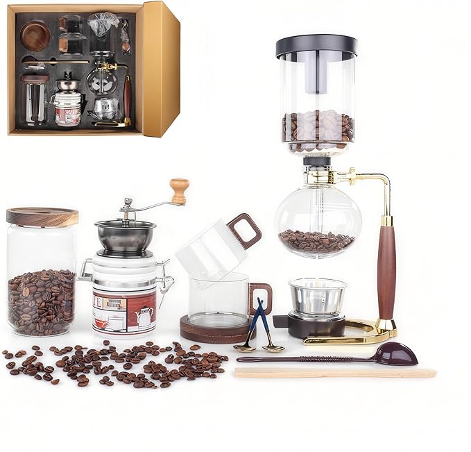 Siphon Coffee Maker 3-Cup (360ml) Japanese Vacuum Brew Pot with Coffee Grinder Glass Cup Storage Container Packaged Gift Box for Coffee Aficionados &amp Gift Giving