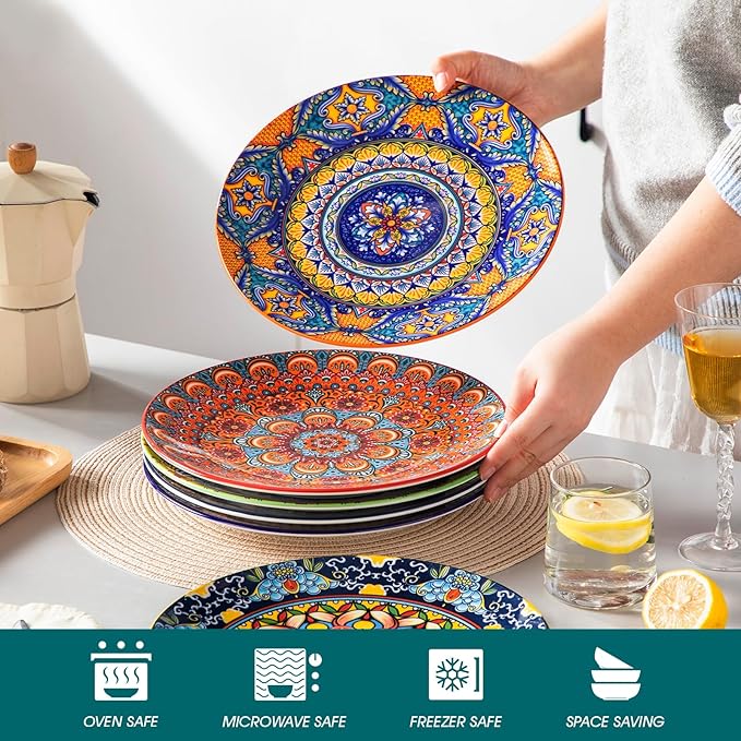 vancasso Colorful Dinner Plates Set of 6 10.5 Inch Ceramic Kitchen Plates for Dinner Bohemian Printed Dishes for Dining Microwave &amp Dishwasher Safe Plate Set Series KRVI