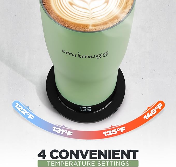 X Heated Coffee Mug 19 oz. 8 Hour Battery Life Self-Heating Adjustable Temp Controlled LCD Screen Includes Cover with Magnetic Slider (Black) (Sage Green)