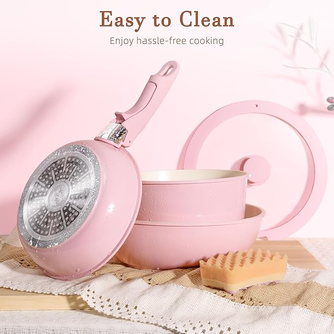 Astercook 20 Pcs Ceramic Pots and Pans Set Nonstick Cookware Set with Detachable Handles Oven Safe to 480°F Induction Compatible Stackable RV Kitchen Cooking Set Pink