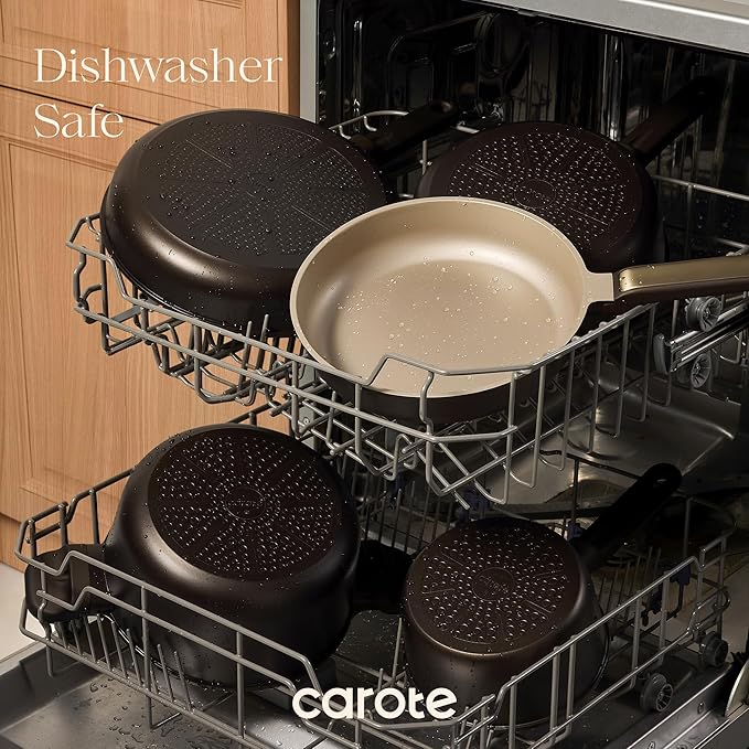 CAROTE Pots and Pans Set Nonstick 16pcs Cookware Set Nonstick Non-Toxic &amp PFOA&ampPFOS-Free Dishwasher RV/Camping Cookware Set Cooking Pots with Lids Brown