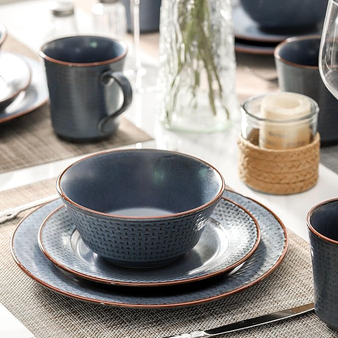 HVH Plates and Bowls Sets 16 Pieces Stoneware Dinnerware Sets Kitchen Dishes Set for 4 Dinner Dessert Plates Cereal Bowls and mugs for Party and Dinner Cross Pattern Farmhouse Style (Dark Blue)