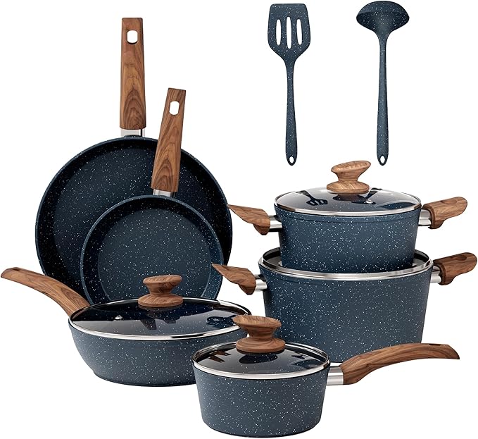 DisDelight Induction Pots and Pans Set Non Stick Nonstick Granite Kitchen Cookware Sets Blue Cooking Pans PFOA &amp PFOS Free