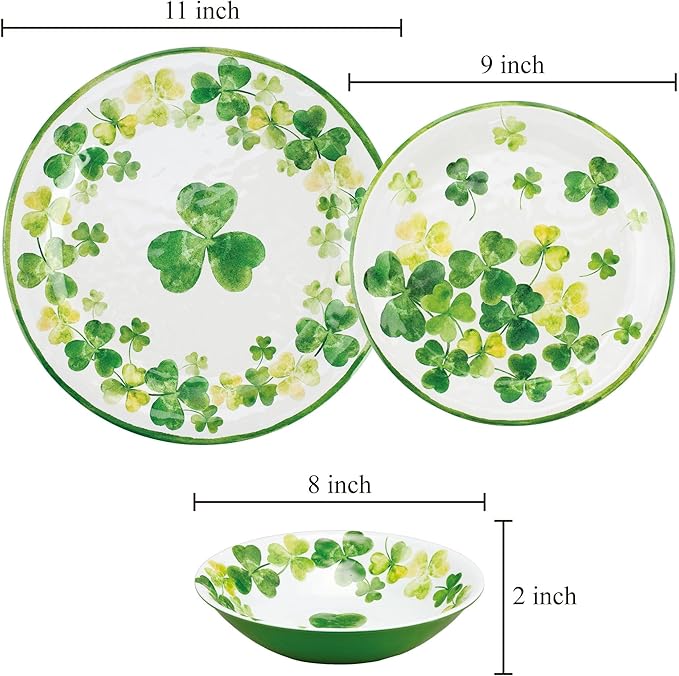 UPware 12 Piece Shamrocks Melamine Dinnerware Sets Outdoor Dishes Set Plates and Bowls Sets St. Patrick's Day Decorations Service for 4 Green