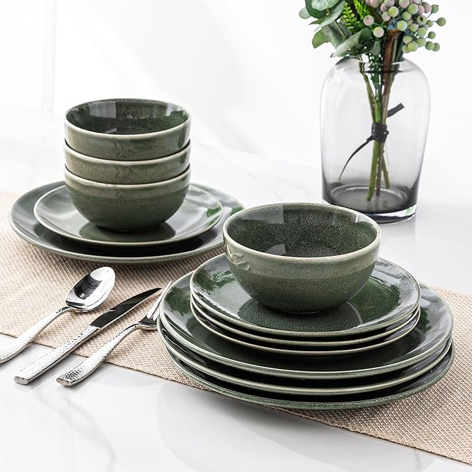 AmorArc Ceramic Dinnerware Sets for 4 12 Pieces Handpainted Plates and Bowls Set with Reactive Glaze Scratch Resistant Stoneware Dishes Set Dishwasher &amp Microwave Safe (16pc)