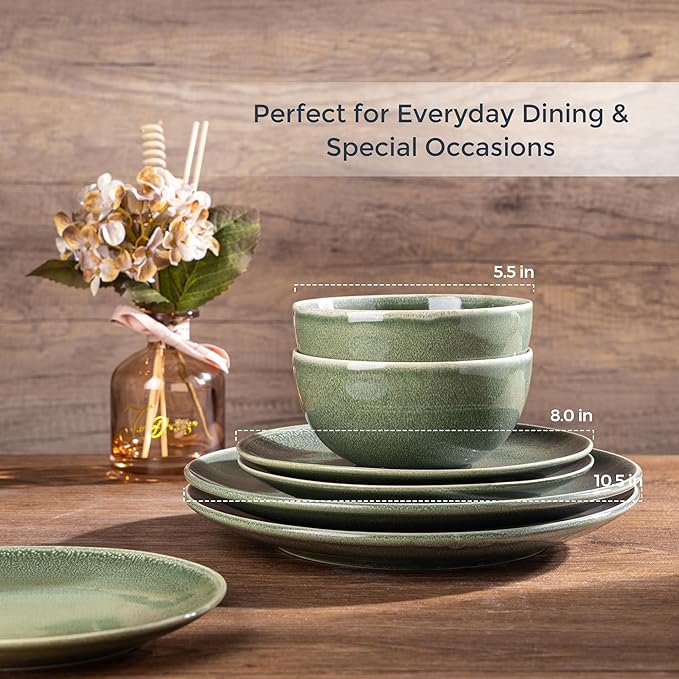 AmorArc Ceramic Dinnerware Sets for 4 12 Pieces Handpainted Plates and Bowls Set Scratch Resistant Stoneware Dishes Set Dishwasher &amp Microwave Safe Jade Green