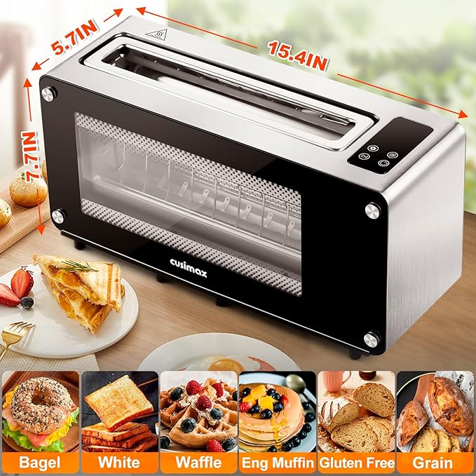 CUSIMAX Toaster 2 Slice Long Slot with Clear View Glass WindowOne Touch Digital Control Presets with Automatic LiftingSlide-out Glass Panel and Easy Clean Up Crumb Tray