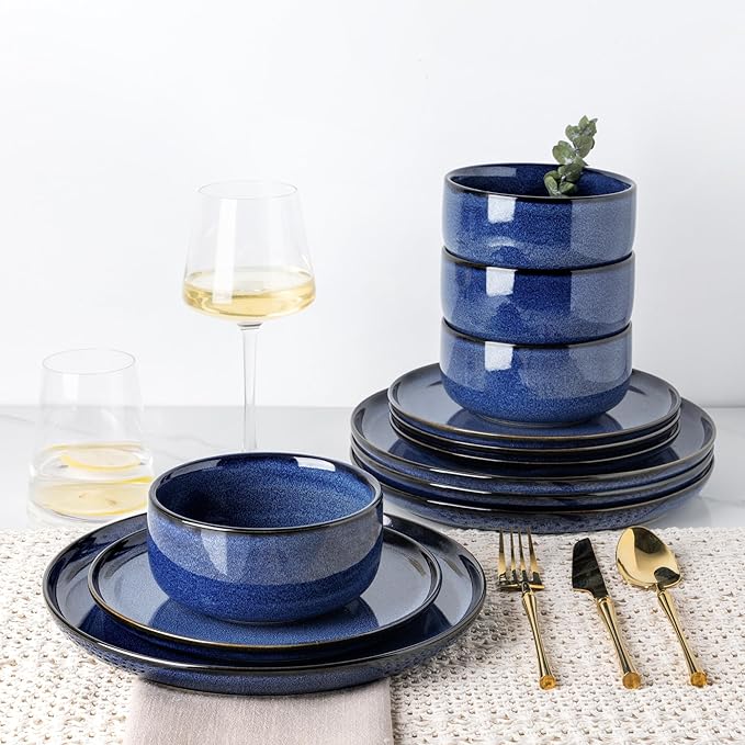 TheTerra Ceramic Dinnerware Sets for 4 12 Pieces Handmade Reactive Glaze Plates and Bowls Set Scratch Resistant Dish Set Oven &amp Microwave &amp Dishwasher Safe Blue