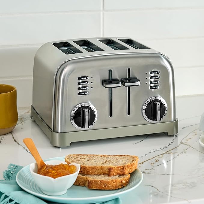 Cuisinart 4 Slice Compact Stainless Steel Toaster with Extra-Wide Slots for Bread French Toast Bagels &amp Pastries Defrost &amp Reheat Functions CPT-180P1 Brushed Stainless Removable Crumb Tr