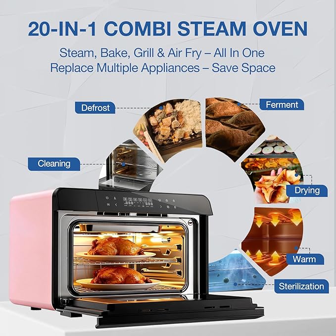 ROBAM Toaster Air Fryer Combi Oven Countertop Steam Oven 20-in-1 with Convection Steam Roast &amp Bake Multi-Stage Cooking Self-Clean 7 Modes 30 Built-In Recipes for Kitchen Pizza Baking (Pink)