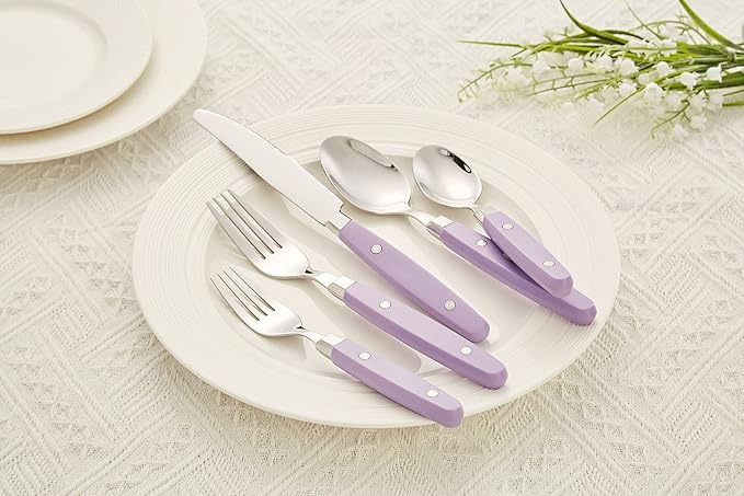 ANNOVA Silverware Set Retro/Rivet Colorful Stainless Steel Tableware Kitchen Flatware Set Utensils Includes Dinner Knives Forks Spoons Salad Forks &amp Dessert Spoons (Lilac 20 Pieces)