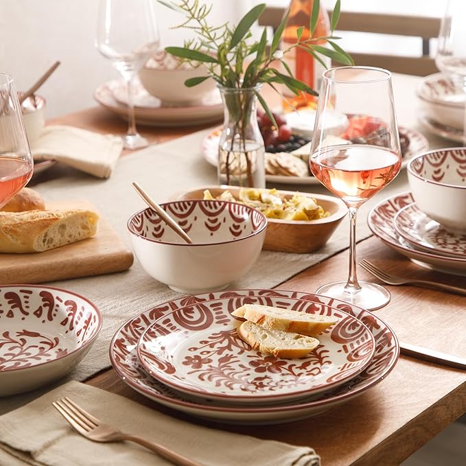 Bloomhouse - 2-Time Oprah’s Favorite Things - Valencia Flor 16 Piece Dinnerware Set Artisanal Decorated Stoneware Plates &amp Bowls Service for 4 Microwave &amp Dishwasher Safe Pomegranate Red