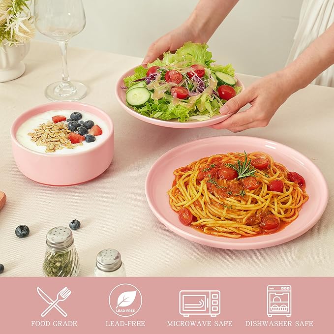 24 Piece Dinnerware Set Dual Glaze Stoneware Plates and Bowls Sets Modern Dinner Plate Salad Plate Cereal Bowl Dish Set for 8 Microwave and Dishwasher Safe Pink